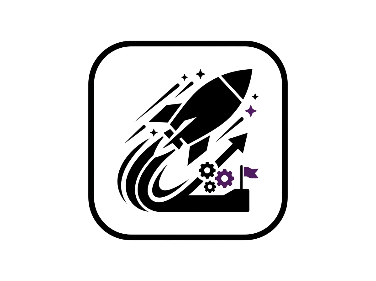 Black and purple icon of a rocket launching with upward arrows, gears, and a flag symbolizing growth and launch.