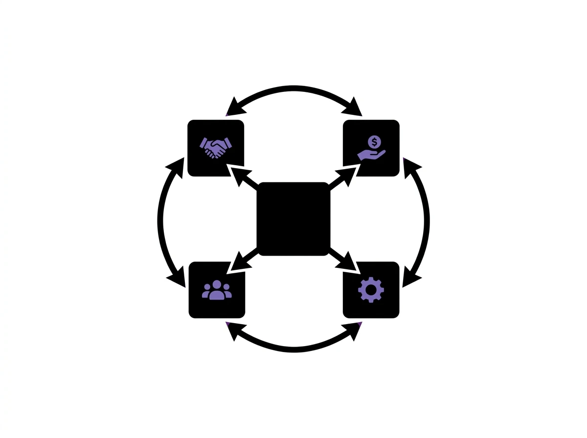 Diagram with four square icons connected by arrows in a circular flow around a central square; icons depict handshake, hand with dollar coin, group of people, and gear.