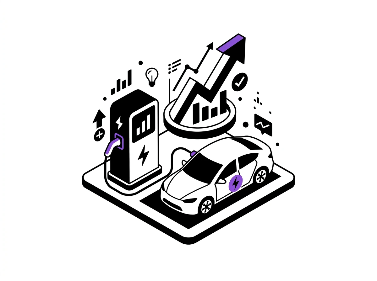 Isometric illustration of an electric car connected to a charging station with upward trending charts representing increased charging system utilization.