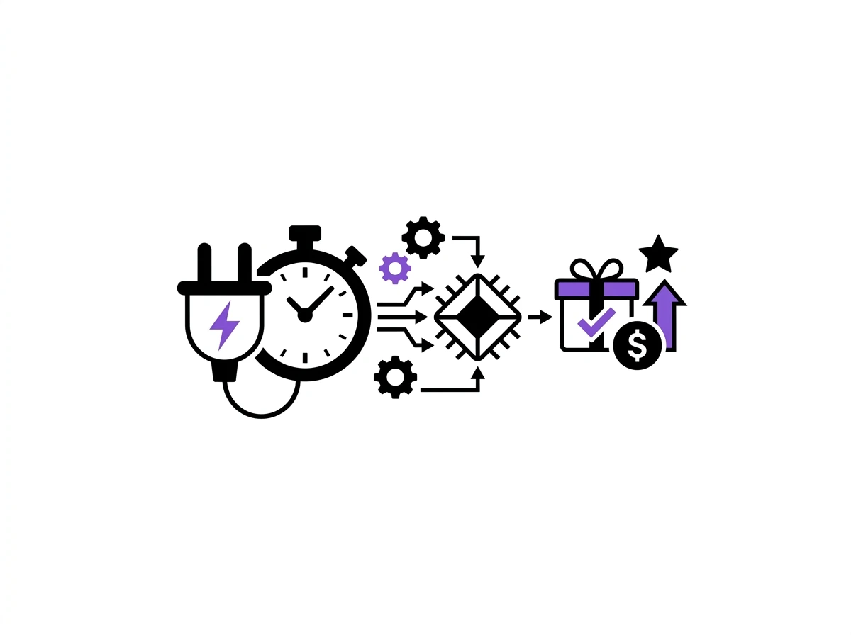 Illustration showing a power plug and stopwatch connected to a microchip, leading to a gift box with a checkmark, a dollar symbol, a star, and an upward arrow.