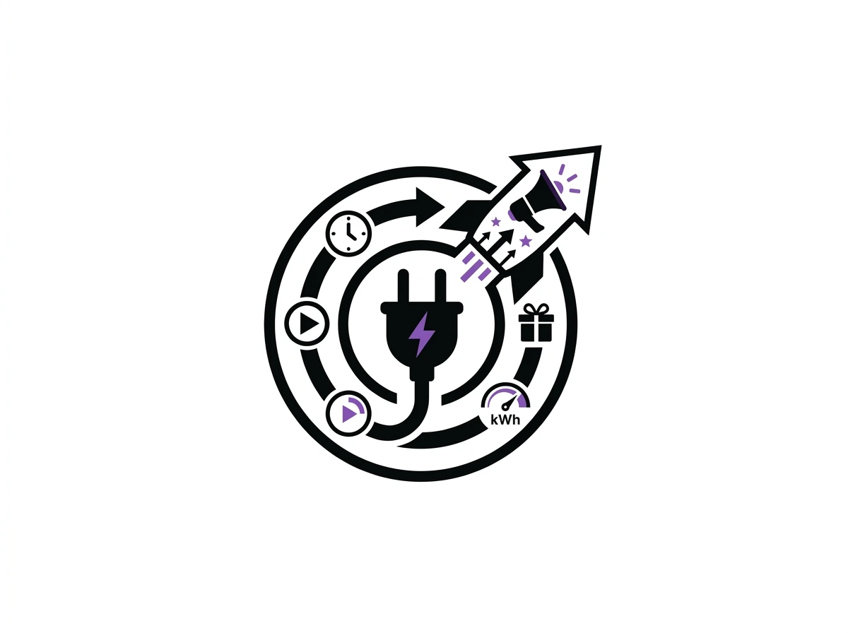 Icon of an electrical plug with a lightning bolt inside, surrounded by circular arrows with icons of clock, play button, gift box, and energy meter, and a rocket with a megaphone taking off from the plug.