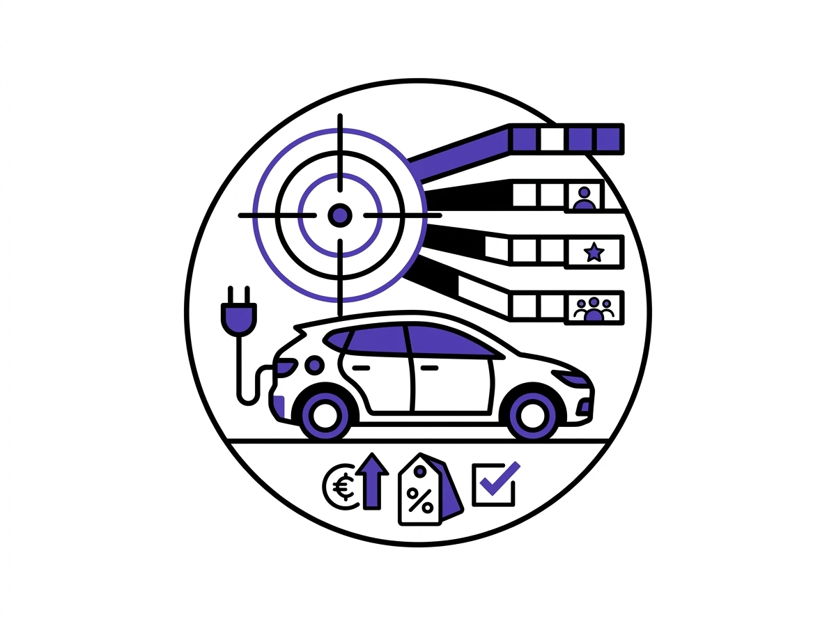 Electric car with charging plug and segmented target chart with user and rating icons above, plus price and checklist icons below.