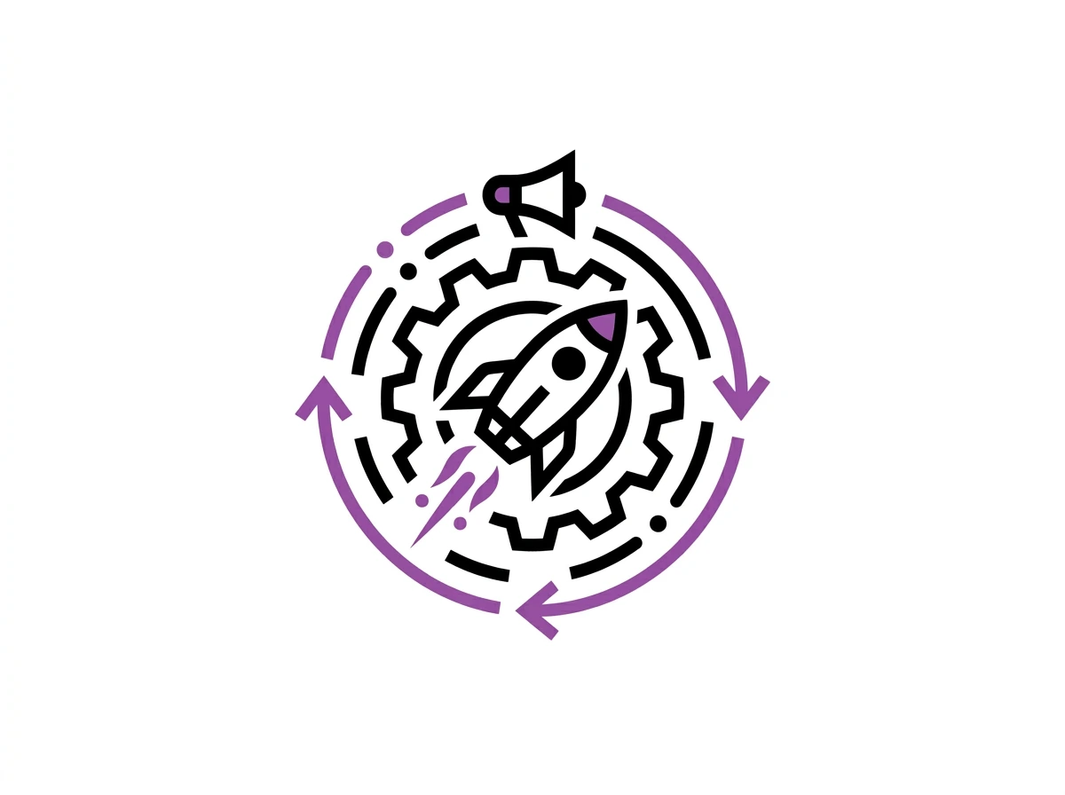 Icon of a rocket inside a gear surrounded by circular arrows and a megaphone symbolizing campaign management and launch.