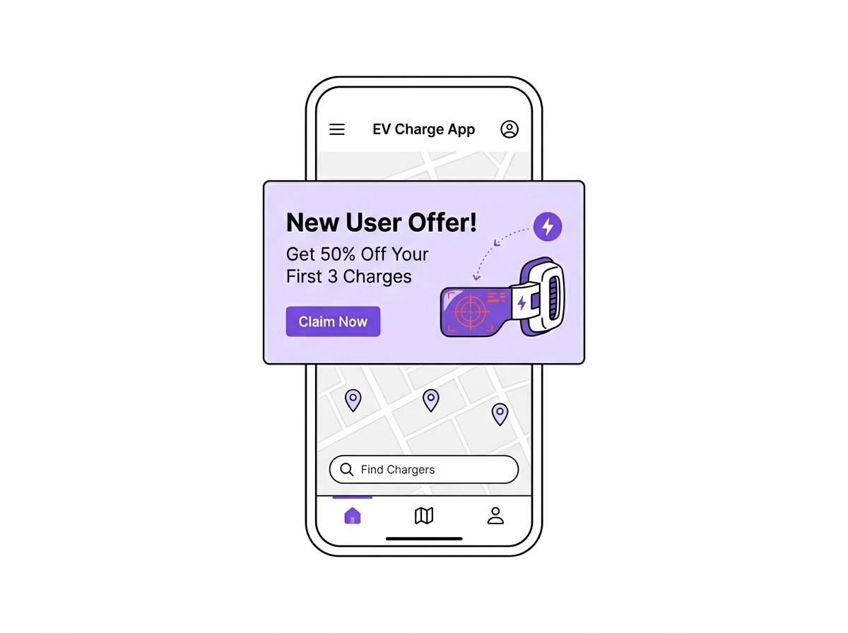Mobile screen showing EV Charge App with a pop-up for a new user offer of 50% off the first 3 charges and a claim button.