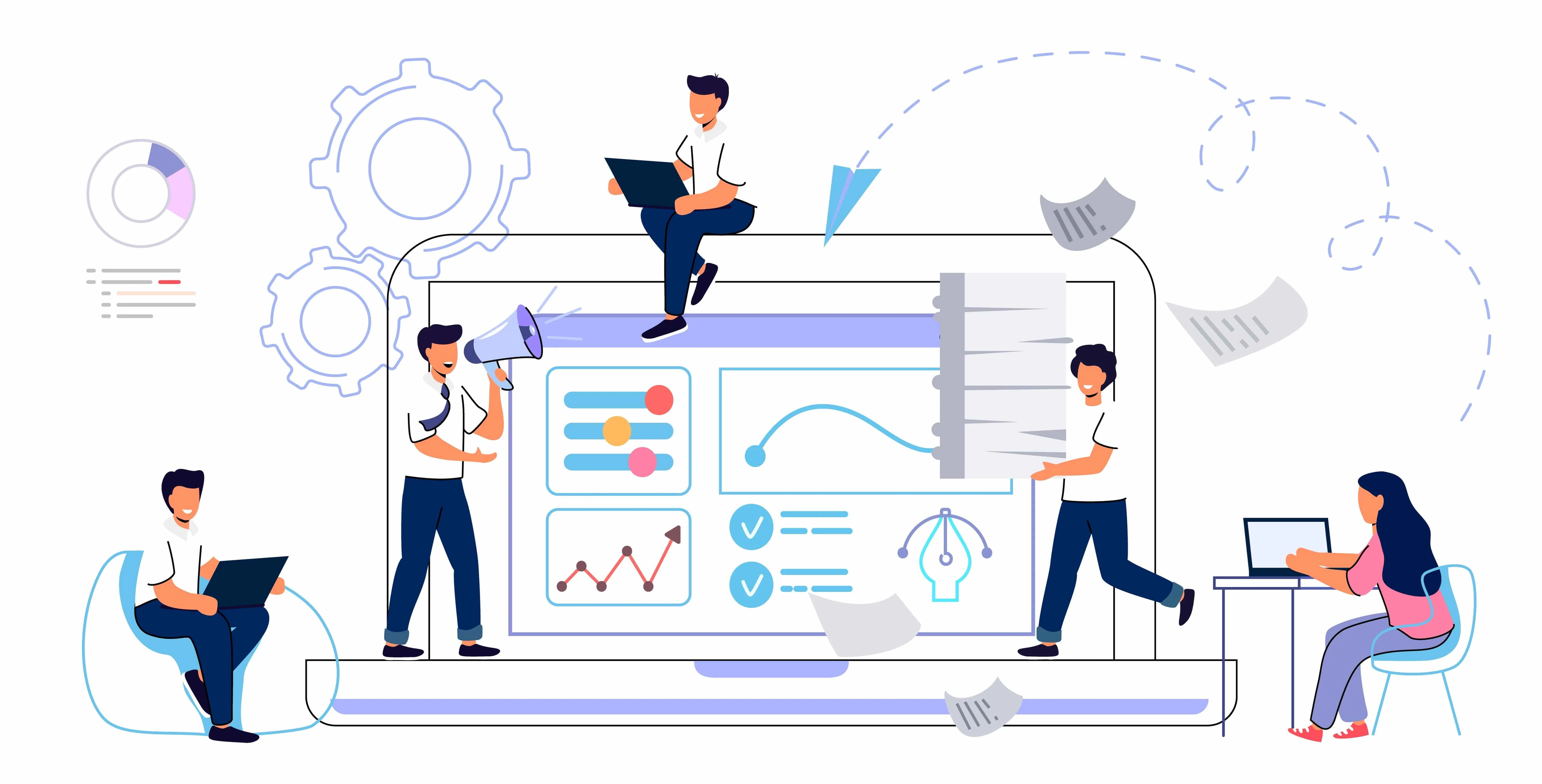 Illustration of a diverse software team collaborating around a giant laptop displaying charts and data visualizations.