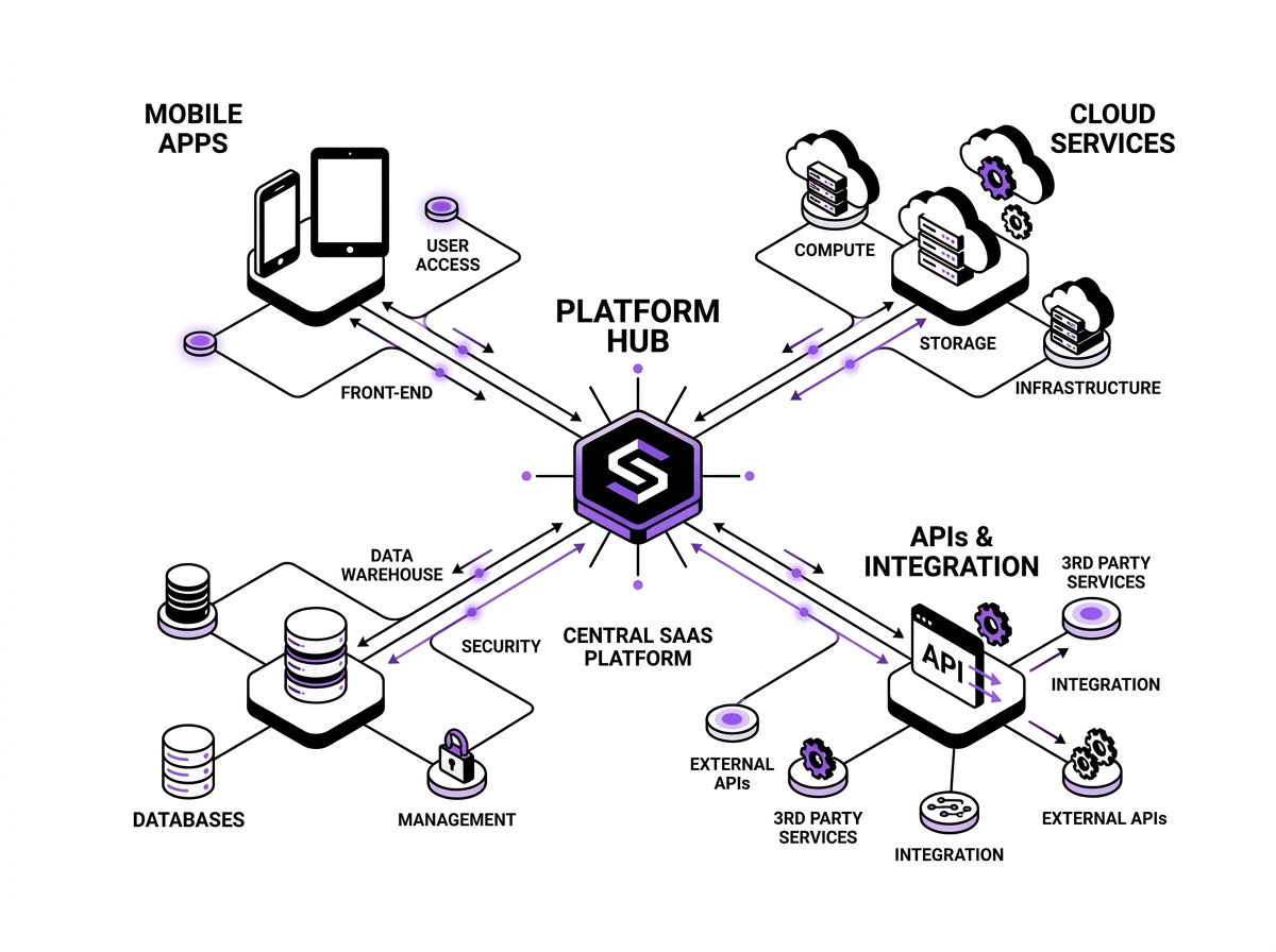 Diagram showing a central SaaS platform as a platform hub connecting mobile apps, cloud services, databases, and APIs & integration components.