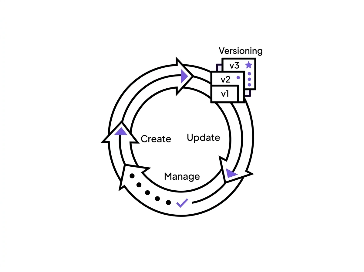Circular workflow diagram with arrows showing steps Create, Update, and Manage looping, with a Versioning box indicating versions v1, v2, and v3.