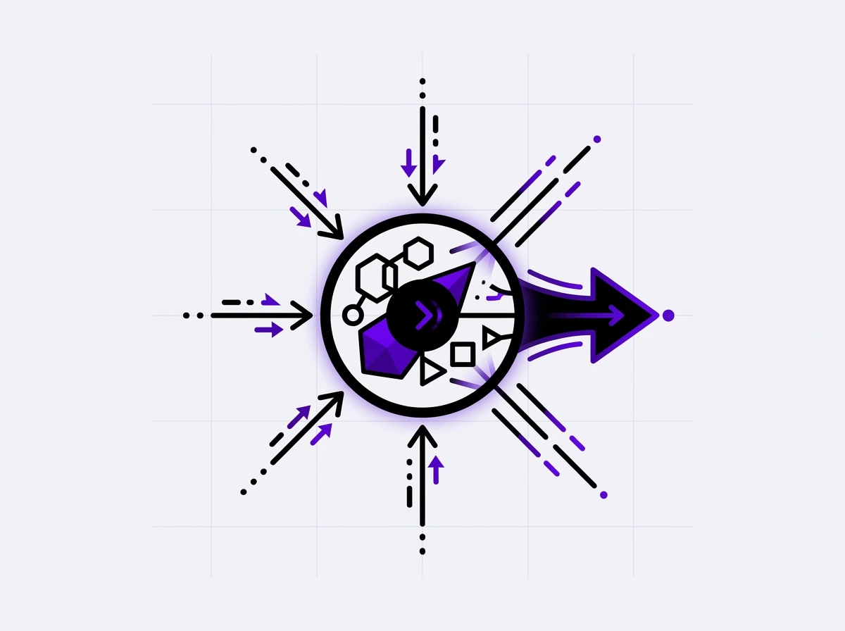 Graphic of various black and purple arrows converging into a circle containing geometric shapes, with a large arrow pointing right indicating direction or decision flow.