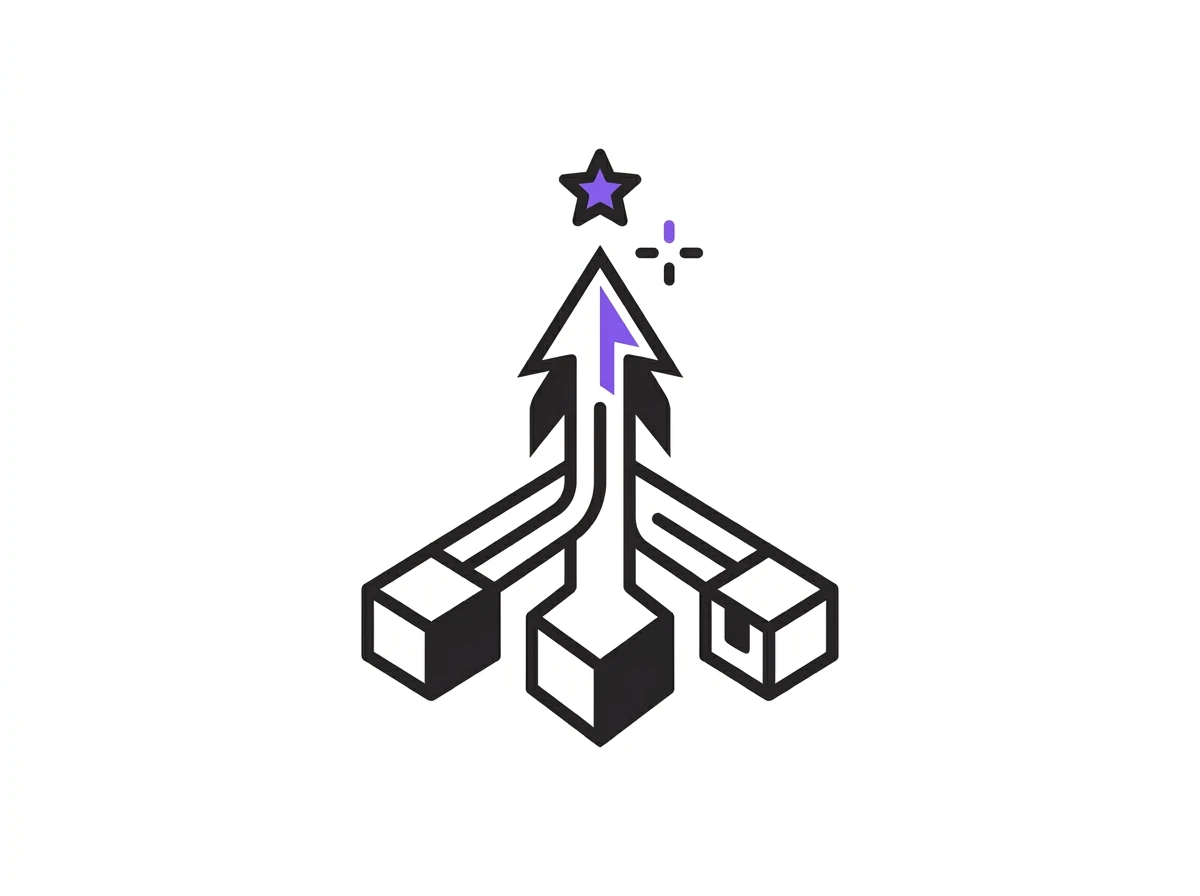 Three cubes connected by lines merging into a single upward arrow pointing to a purple star, symbolizing growth or unified progress.