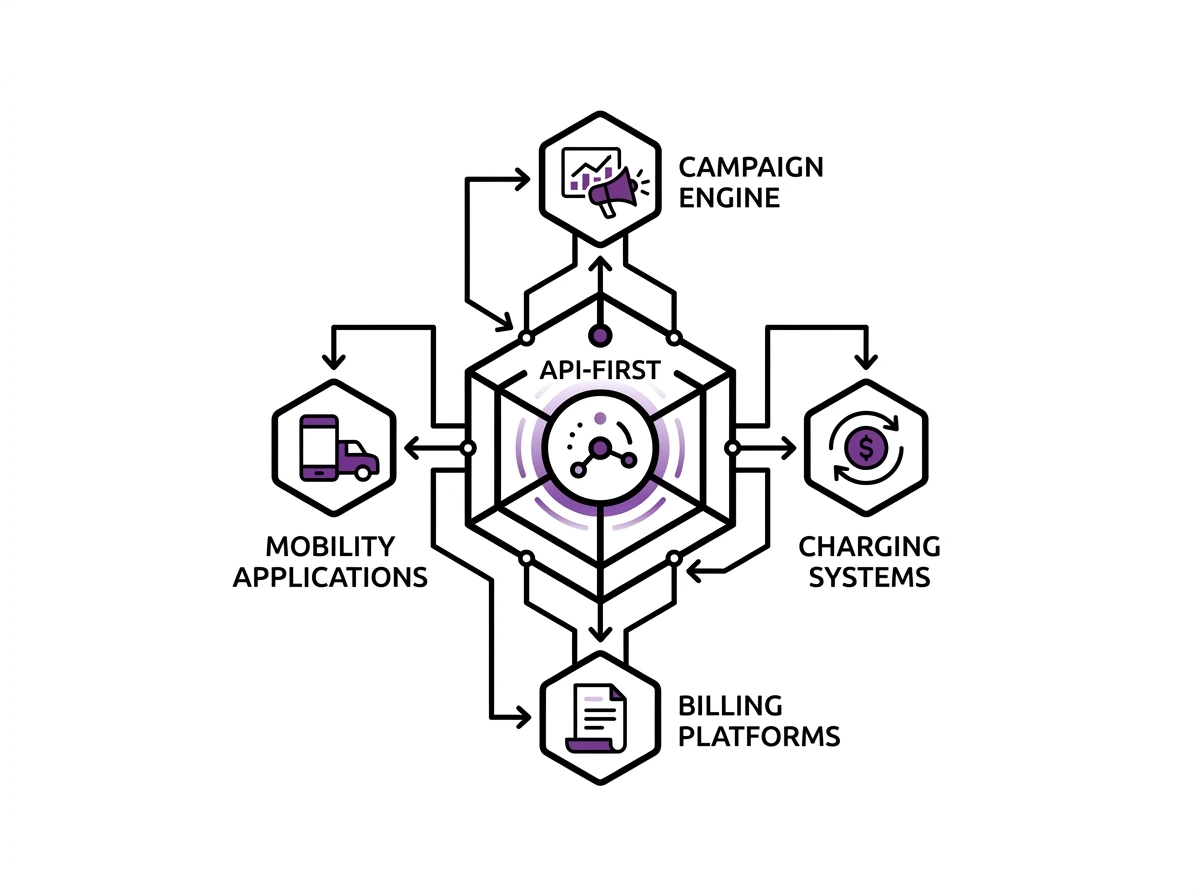 Diagram showing an API-first architecture connecting a campaign engine, mobility applications, charging systems, and billing platforms.