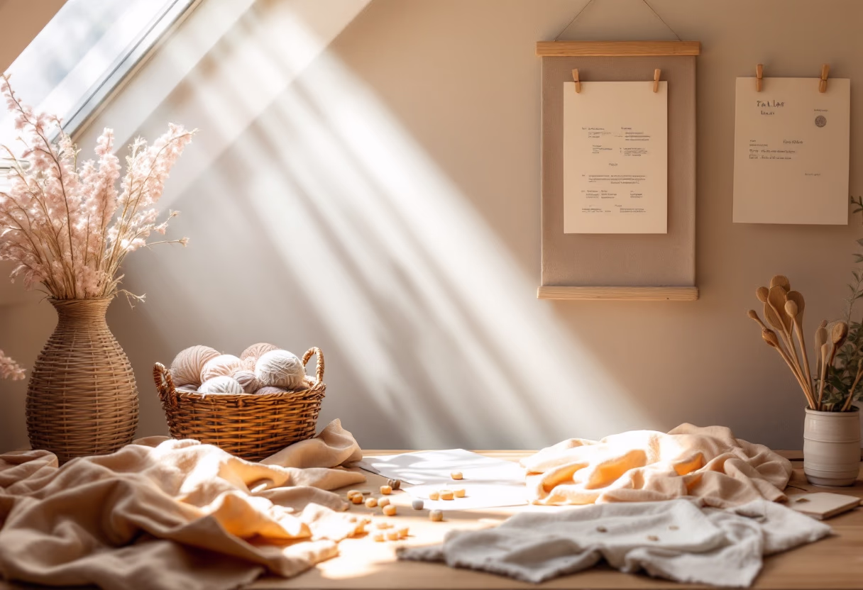 [background image] sunlit tailor shop workspace