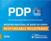 Certificado oficial del Registro Nacional de Bases de Datos con texto que indica 'RESPONSABLE REGISTRADO' y fecha 2020.