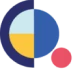 Icono de logotipo con un círculo dividido en cuatro secciones de colores azul, amarillo y blanco, y dos círculos adicionales a la derecha en azul y rojo.