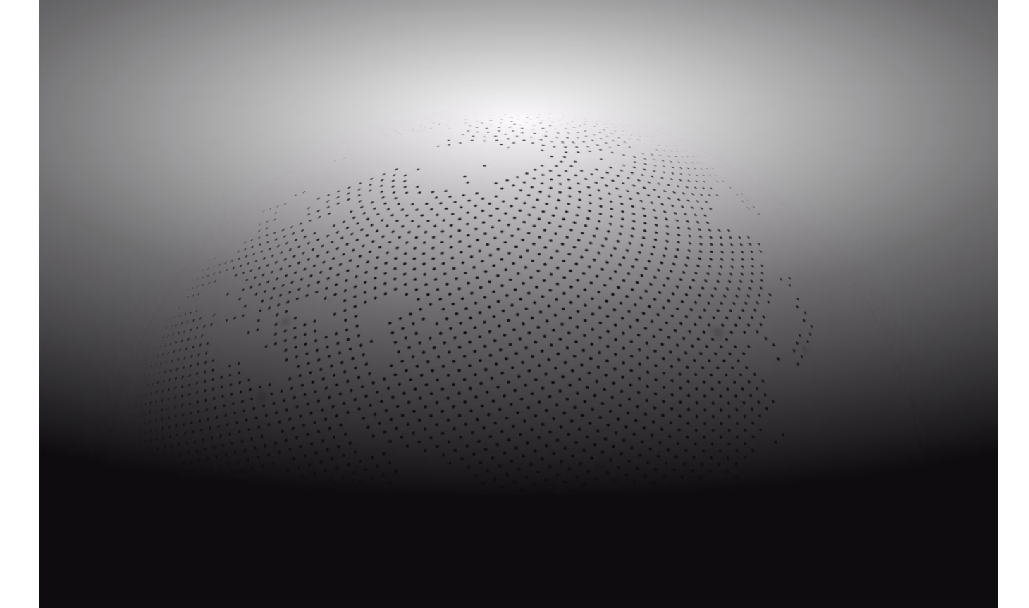 Globe with a dotted pattern representing continents on a dark background.