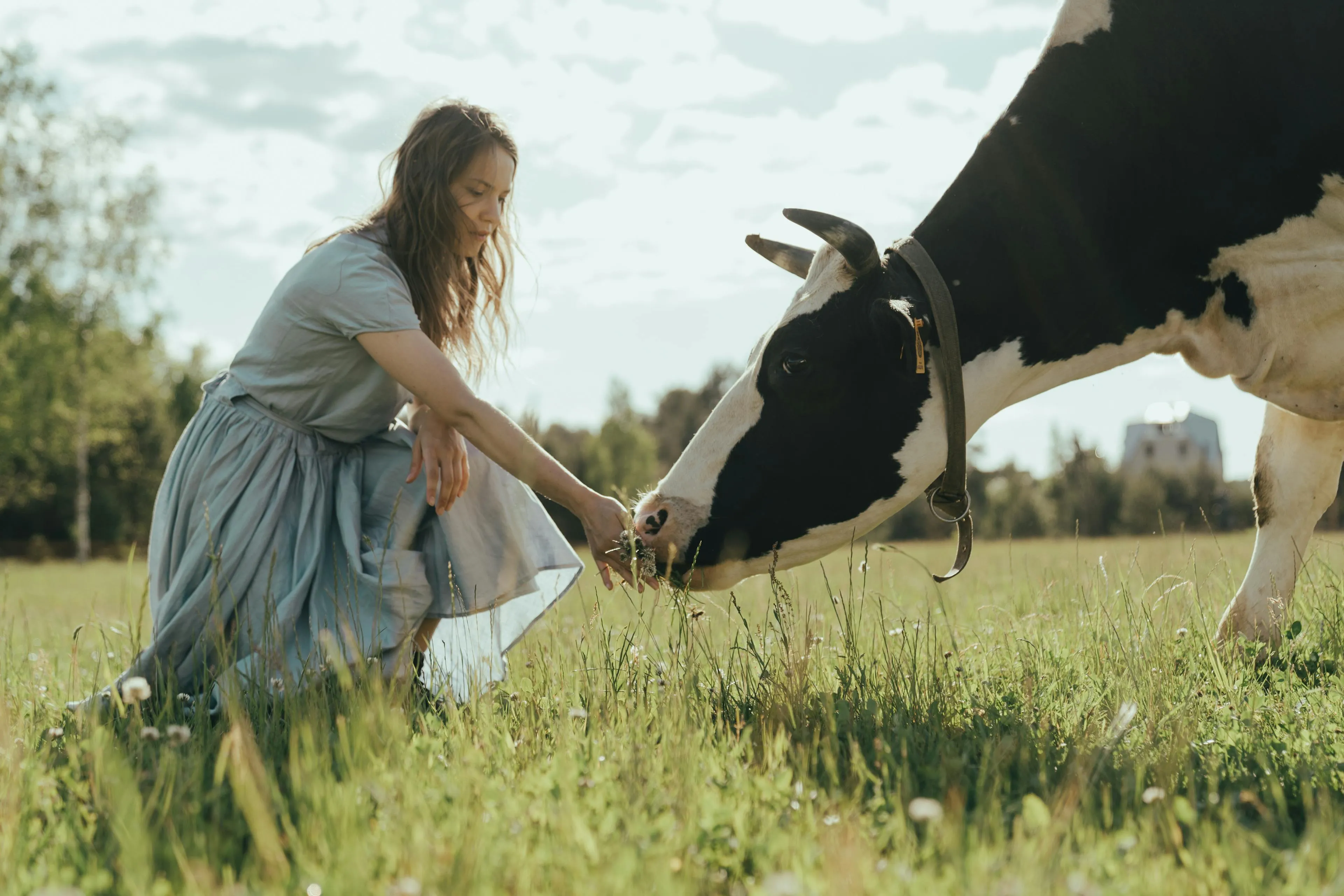 Women with a Black and white cow