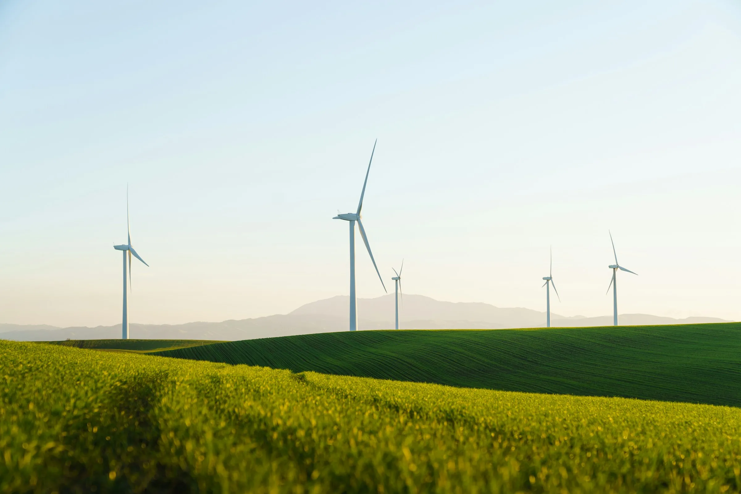 Green rolling fields with six wind turbines under a clear sky and mountains in the background.