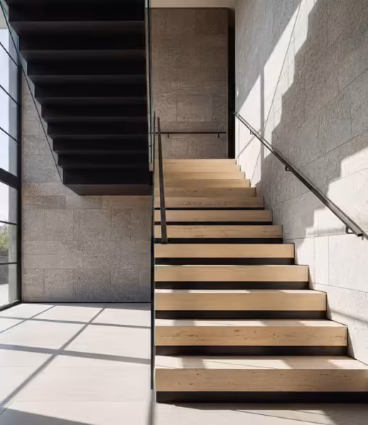 Escalier moderne avec marches en bois clair et rambarde métallique noire dans un espace lumineux.
