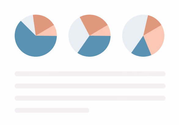 Trois graphiques circulaires aux secteurs colorés en bleu, orange et rouge avec des lignes de texte floues en dessous.