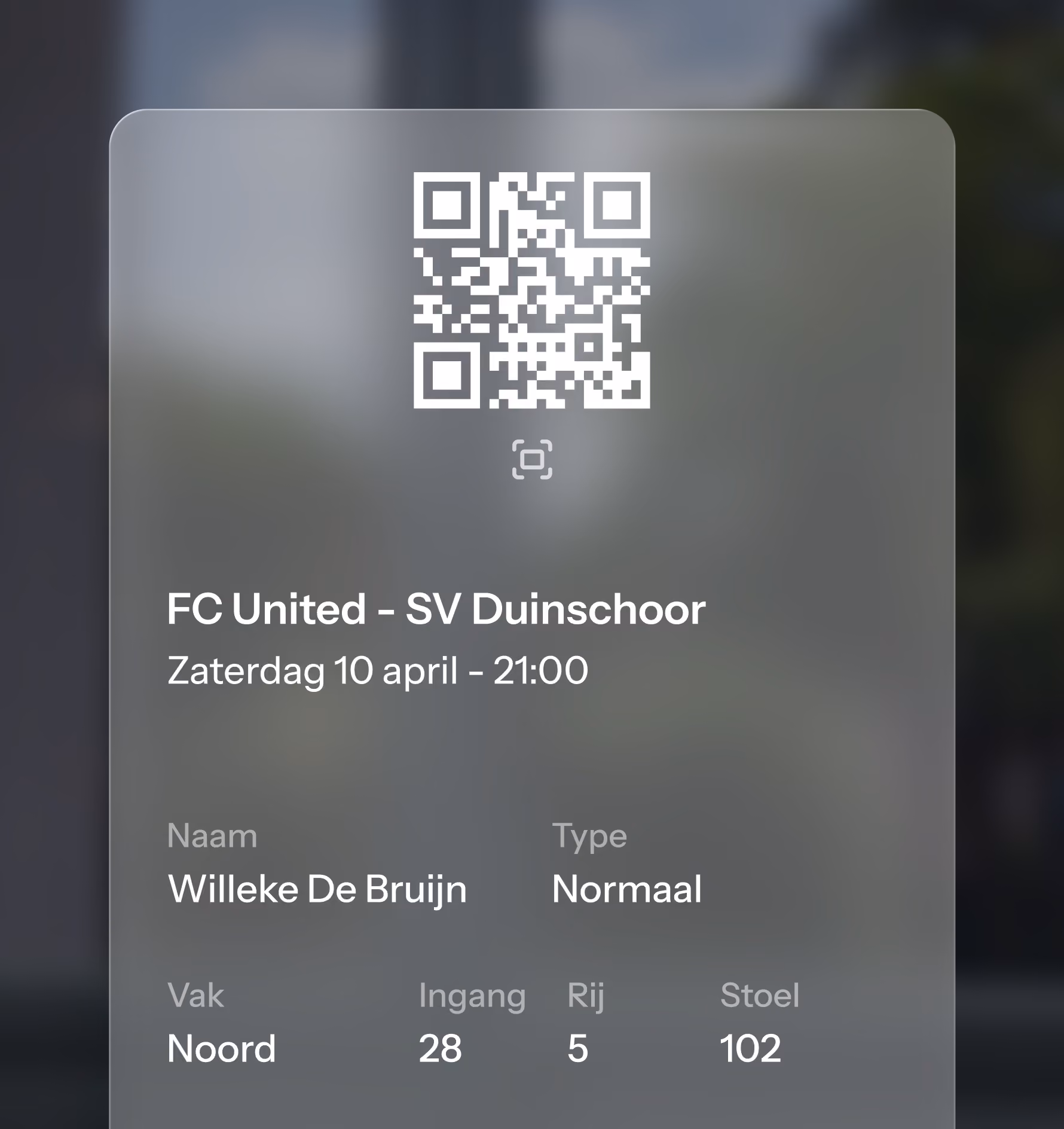 Een wedstrijdticket in de app met een QR-code