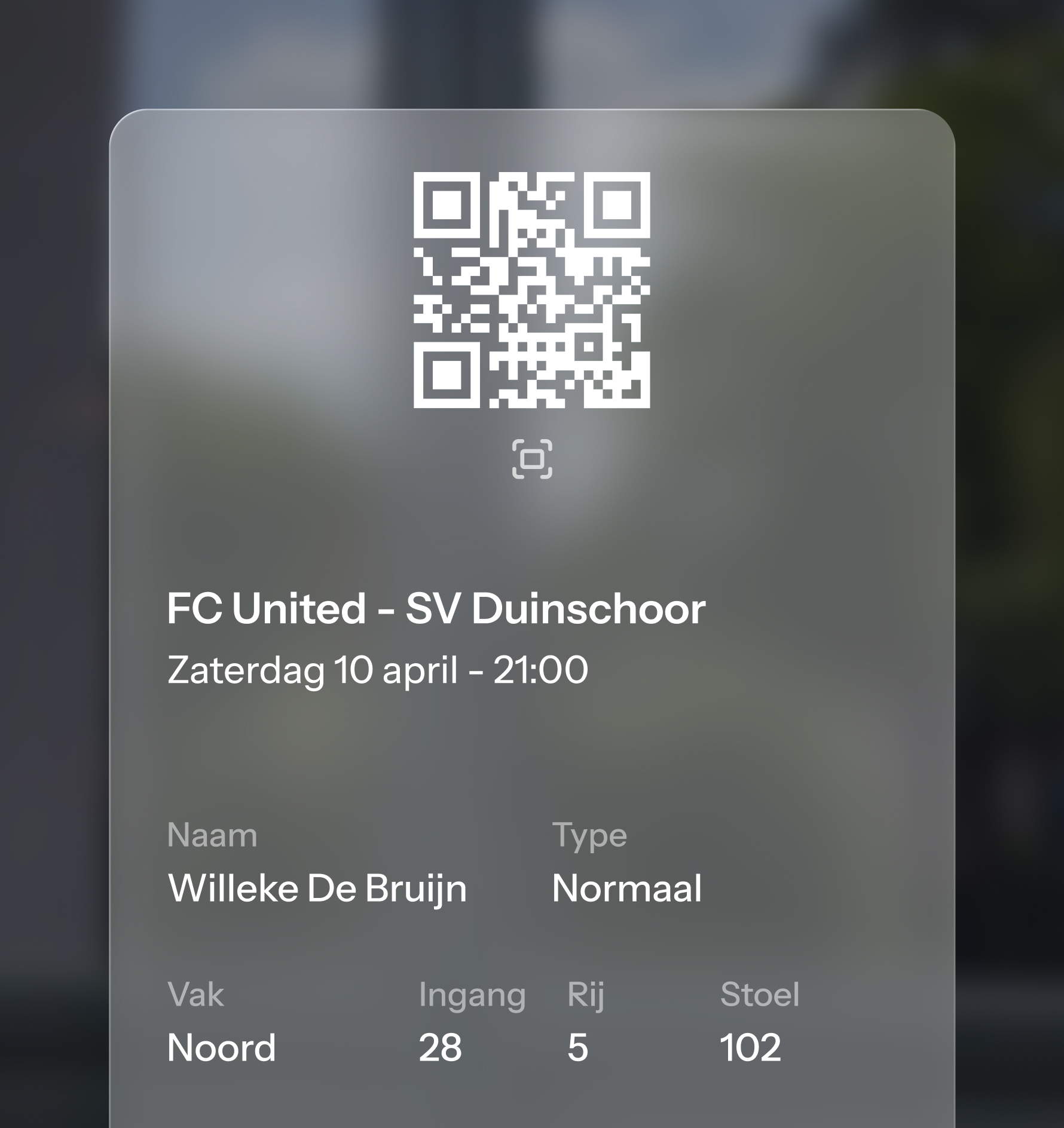 Een wedstrijdticket in de app met een QR-code
