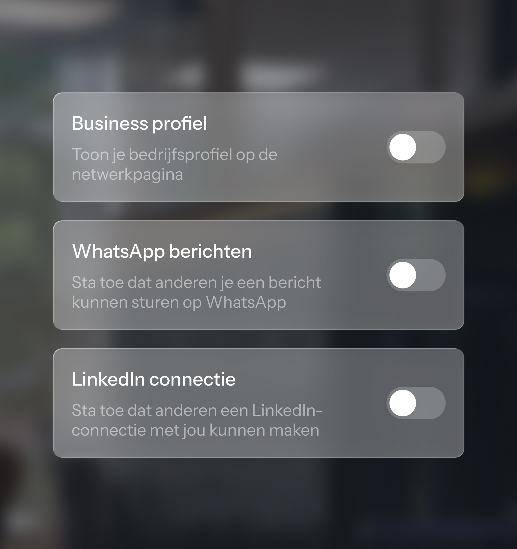 Scherm waarin je kiest wat anderen kunnen zien en hoe ze in contact komen