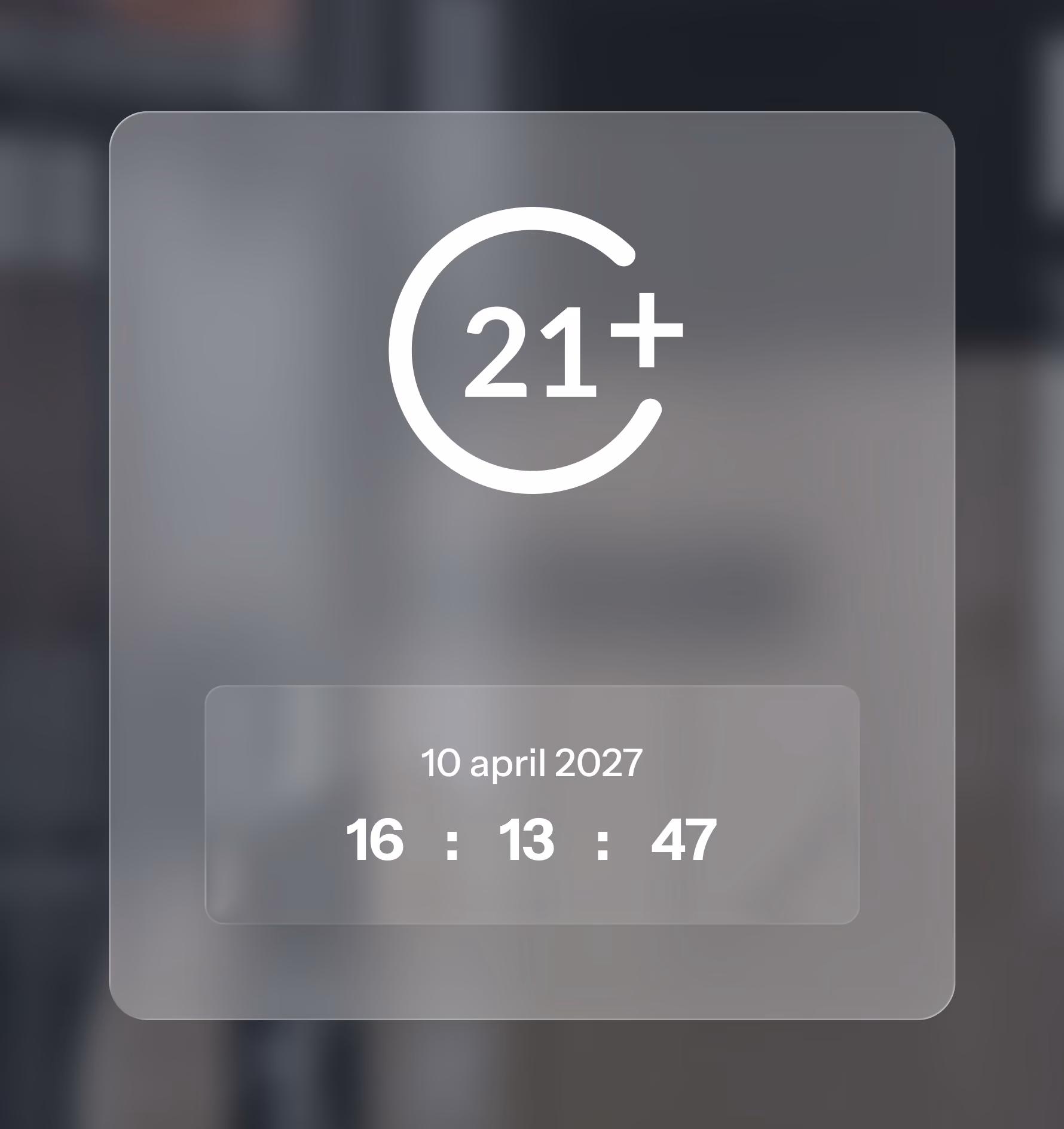 Leeftijdscategorie 21+ met datum 10 april 2027 en tijd 16:13:47.