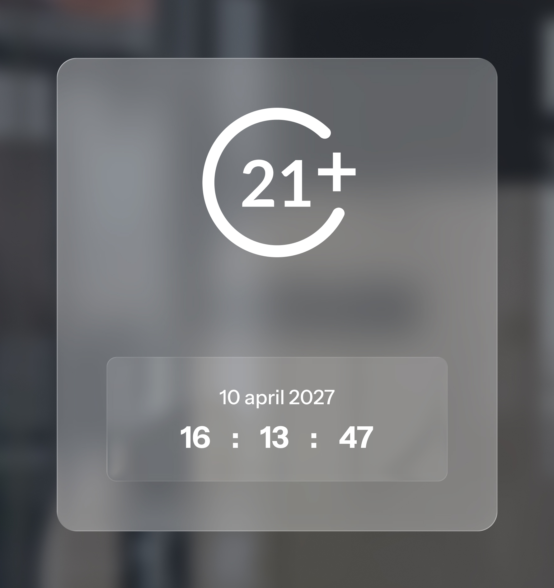 Leeftijdscategorie 21+ met datum 10 april 2027 en tijd 16:13:47.