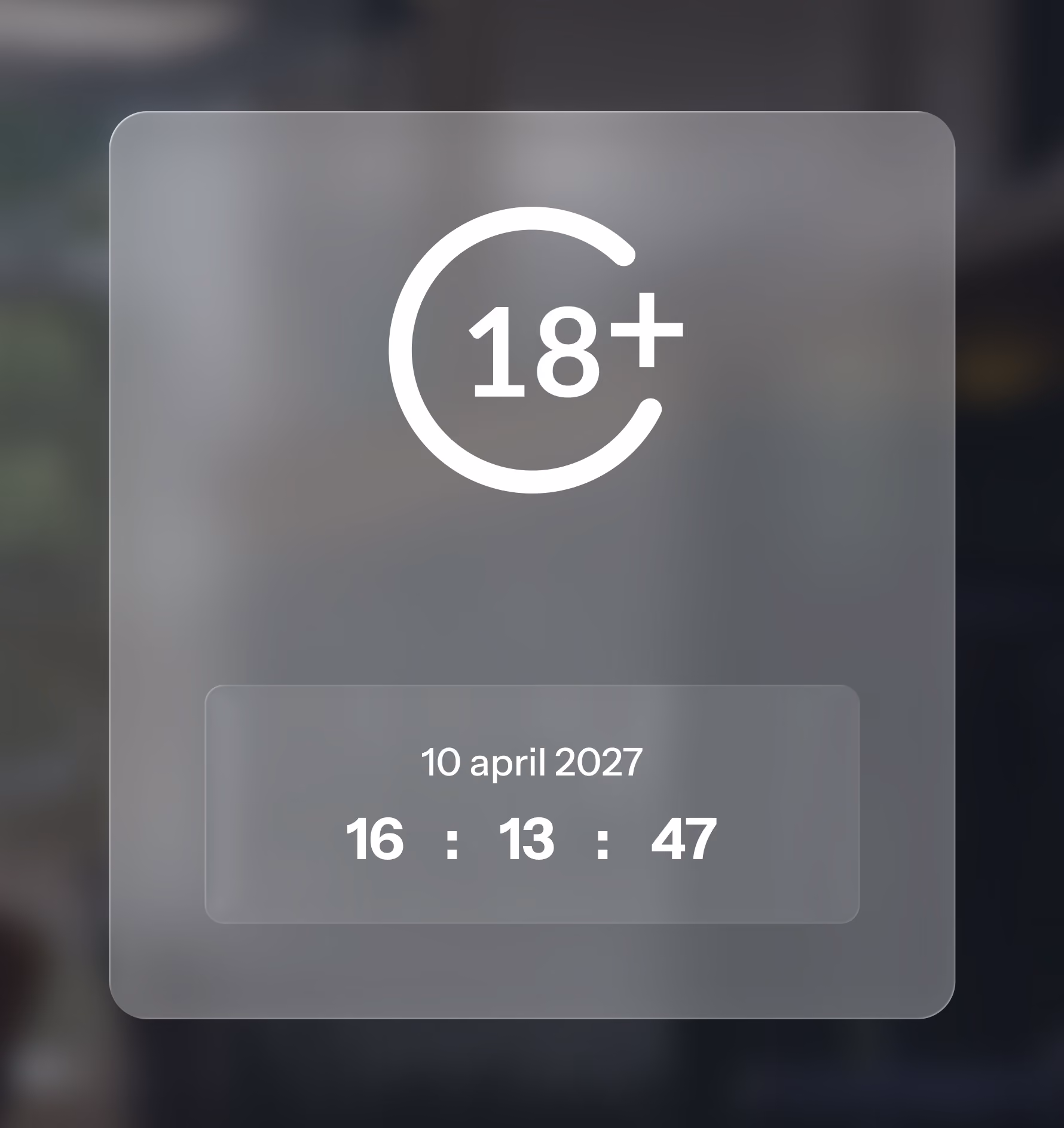 Leeftijdscategorie 18+ met datum 10 april 2027 en tijd 16:13:47.