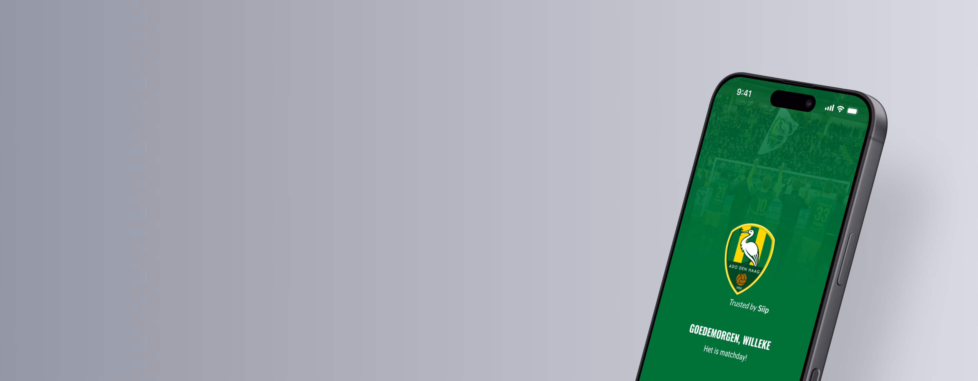 Introductiescherm van de ADO Den Haag App trusted by Siip