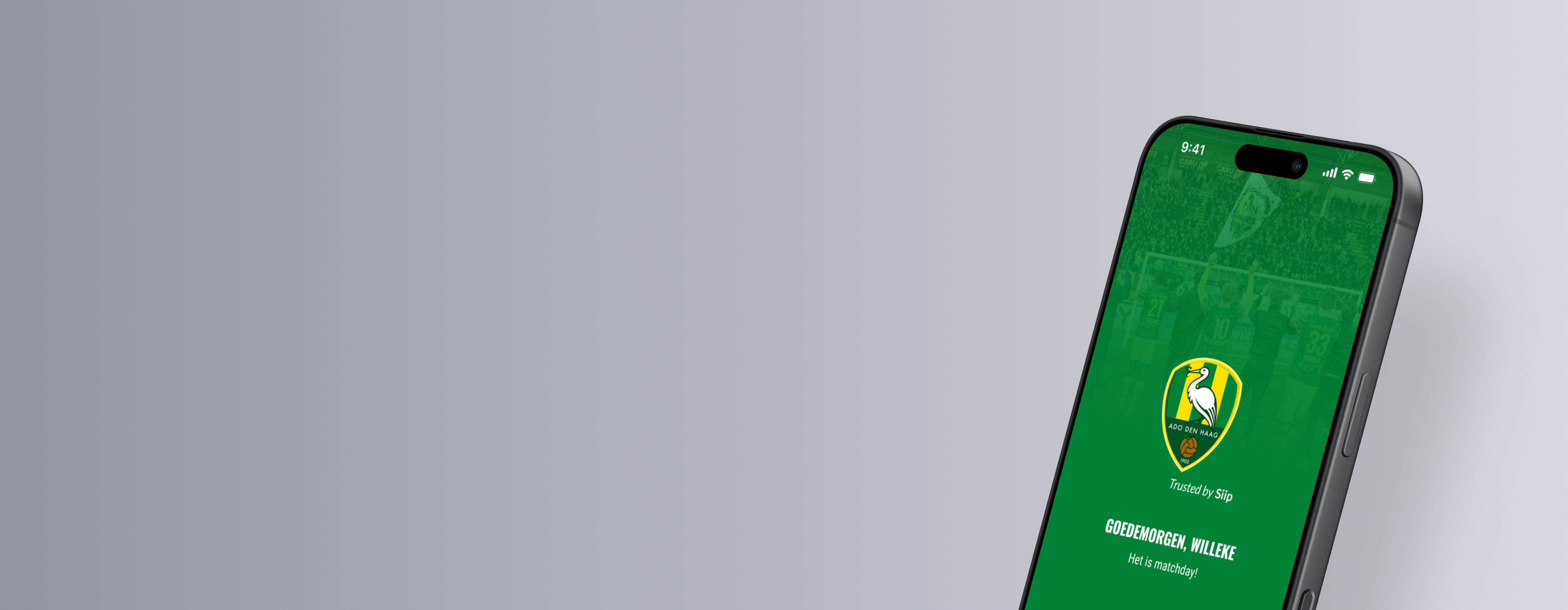 Introductiescherm van de ADO Den Haag App trusted by Siip