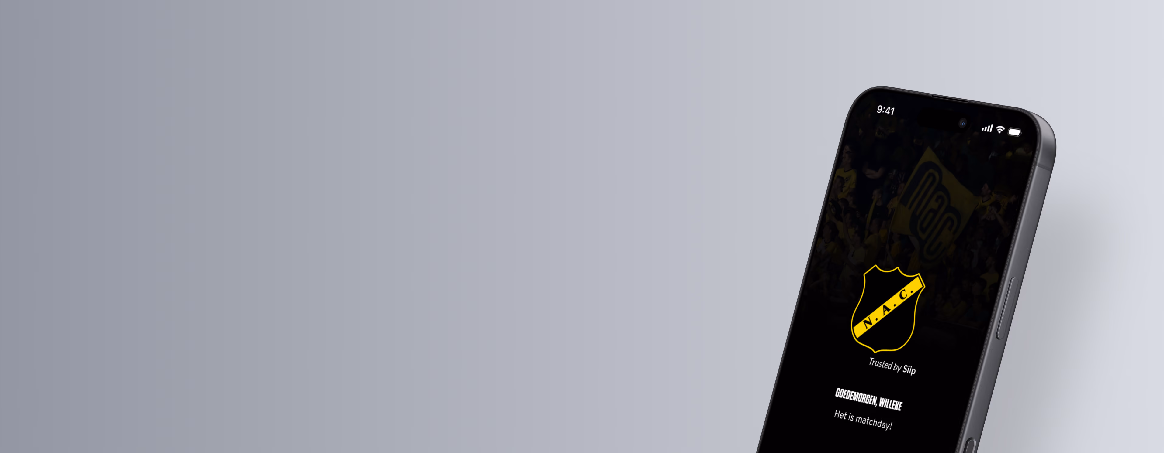 Introductiescherm van de NAC Breda App trusted by Siip