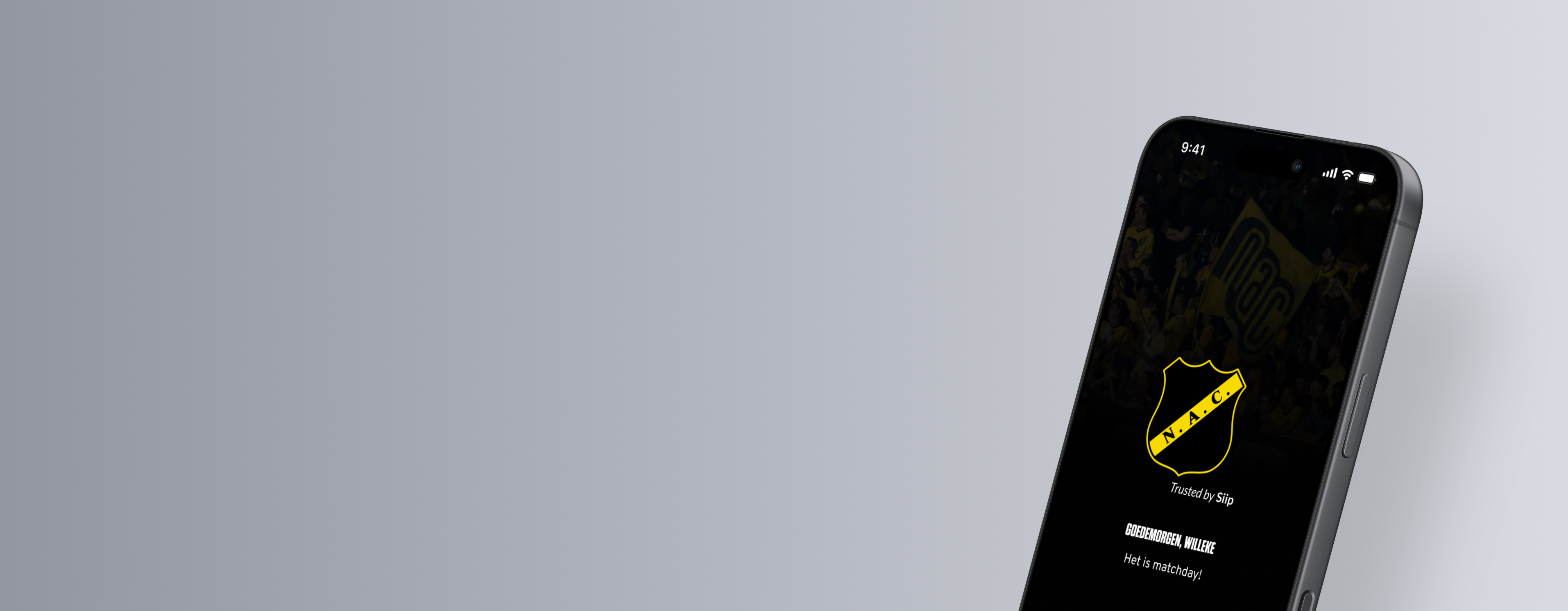 Introductiescherm van de NAC Breda App trusted by Siip