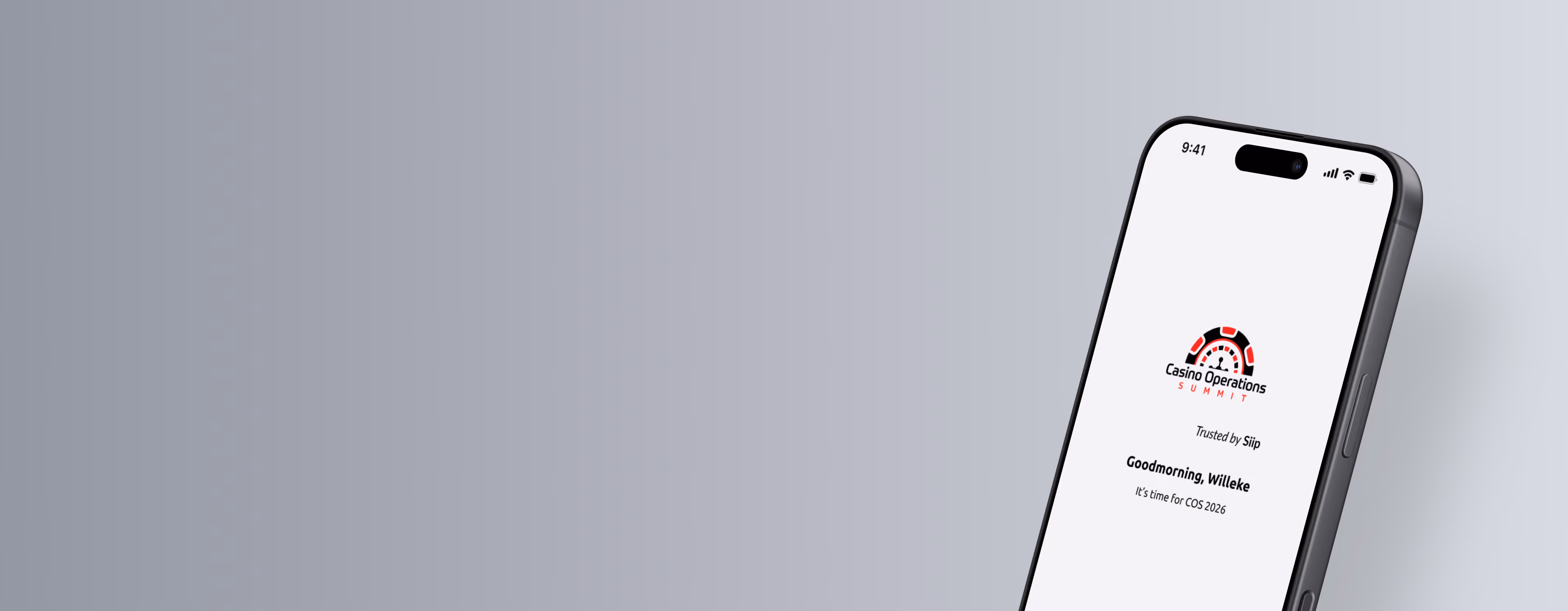 Introductiescherm van de Casino Operations Summit App trusted by Siip
