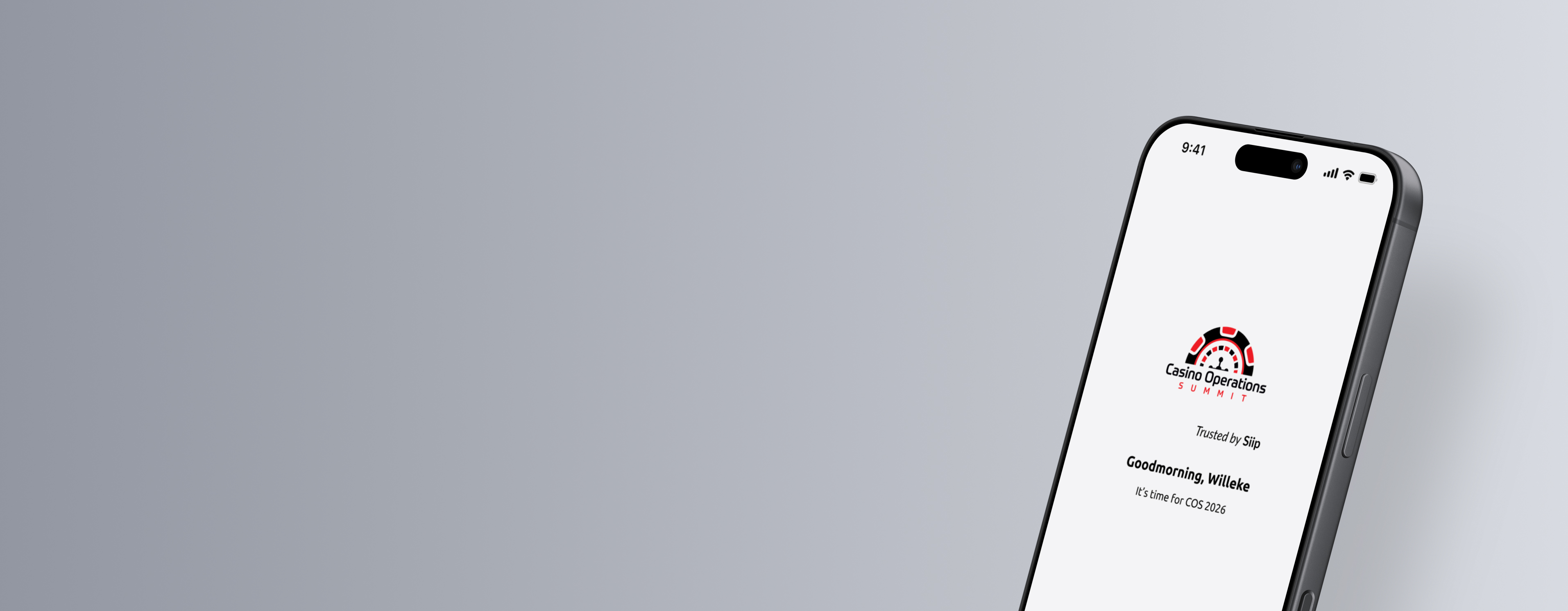 Introductiescherm van de Casino Operations Summit App trusted by Siip
