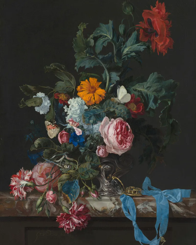 Still life painting of assorted flowers in a vase with dark background.