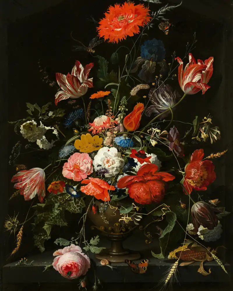Still life painting of assorted red and pink flowers.