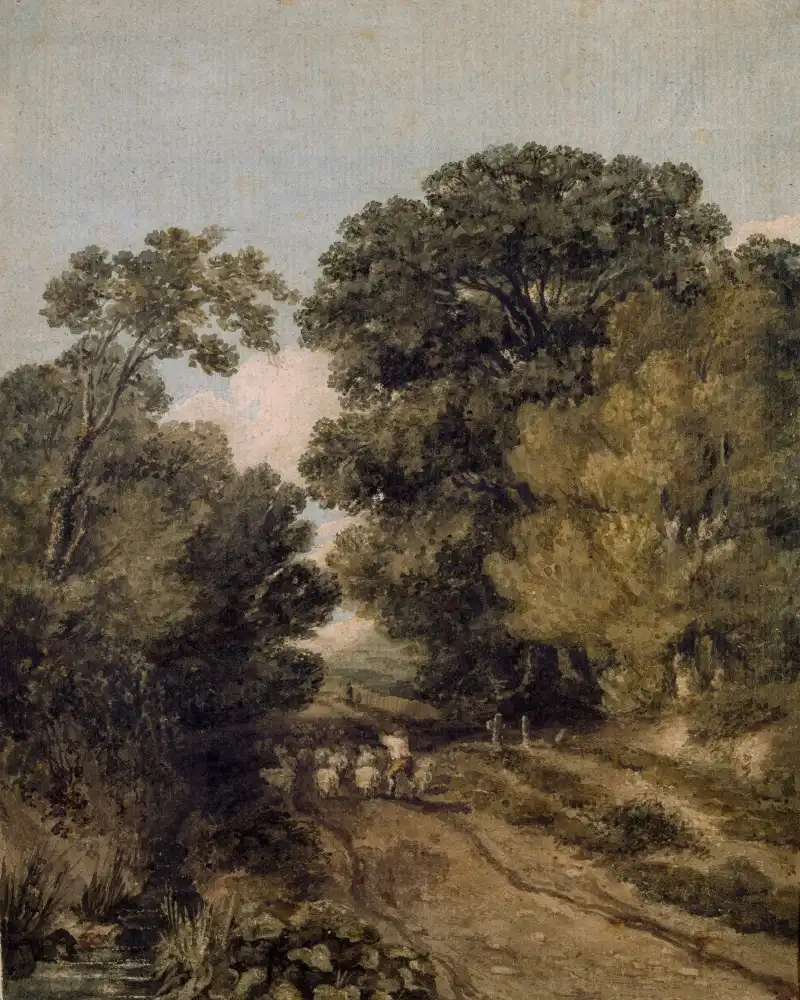 Landscape painting of trees and countryside with soft tones.