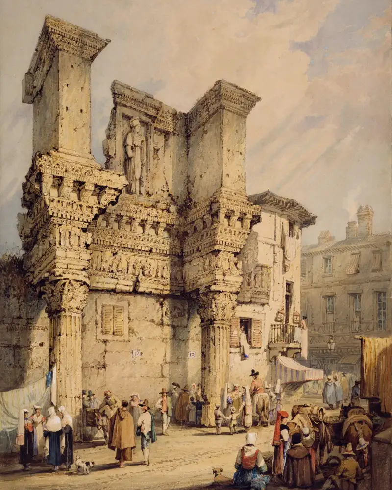 Classical cityscape painting with stone gates and towers.