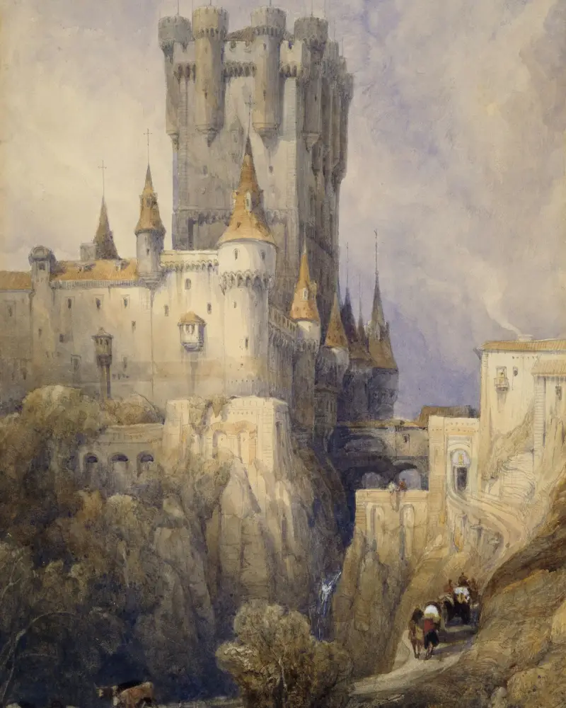 Historical painting of a medieval castle on a rocky cliff.