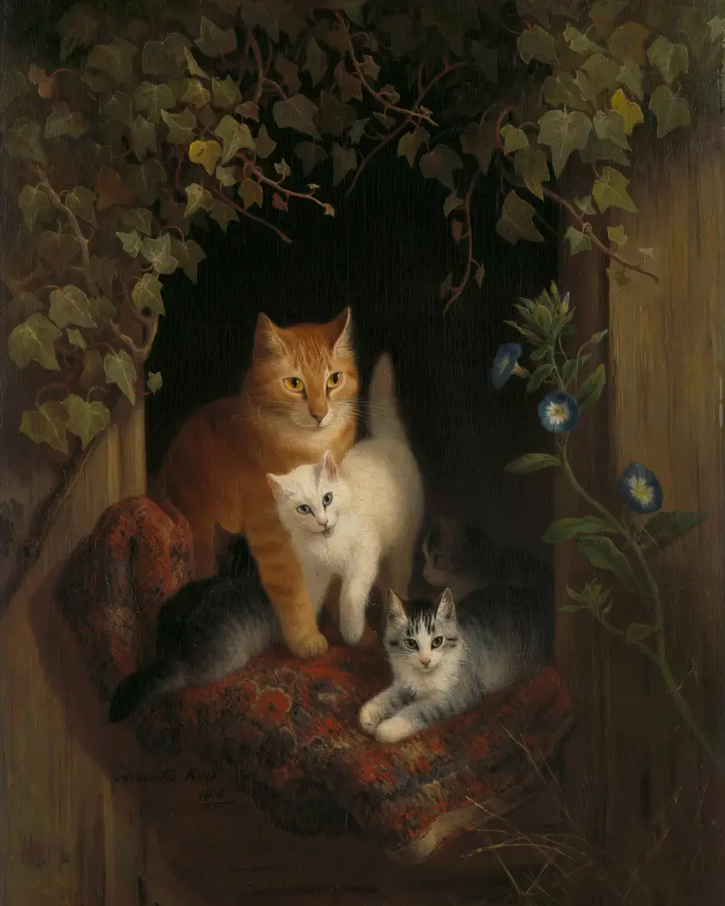 Oil painting of a cat and dog beside a basket in a rustic setting.