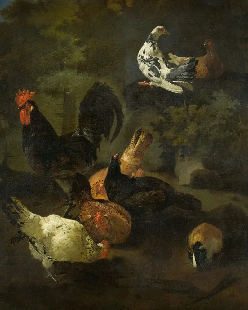 Classical painting of a bird on a table.