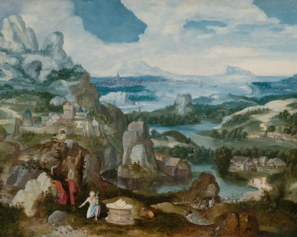 Historical painting of mountains and figures in a countryside scene.