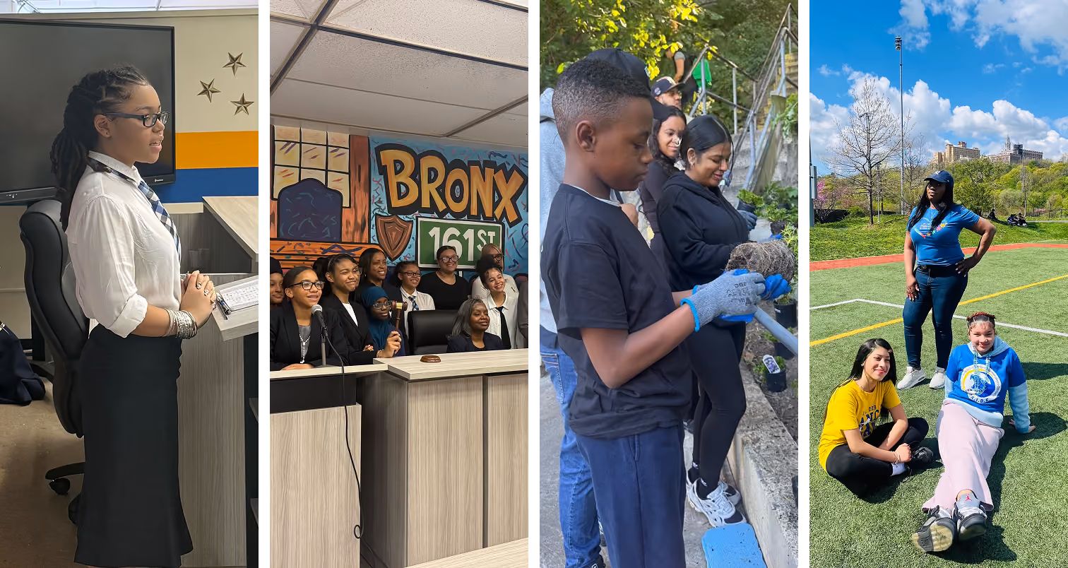 Students presenting speaking volunteering and posing at Bronx school events