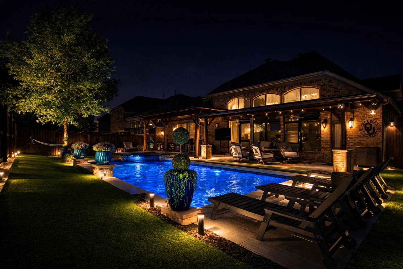 Night view of a backyard with a lit blue swimming pool, patio chairs, potted plants, and a house with warm outdoor lighting.