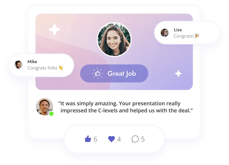 Public recognition given through Teamflect with multiple employees liking and commenting on it.