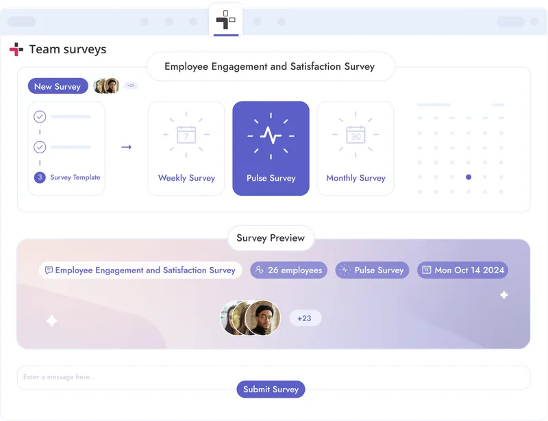 A survey dashboard with weekly surveys, monthly surveys, and pulse surveys.