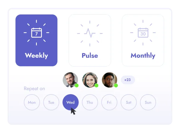 Teamflect's survey automation interface showing options for Weekly, Pulse, and Monthly survey options for team members.
