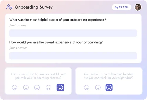 Employee onboarding survey with open-ended and rating questions.