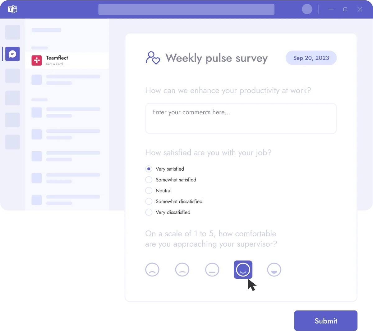 A weekly pulse survey conducted inside Microsoft Teams with open-ended, multiple choice, and rating questions.