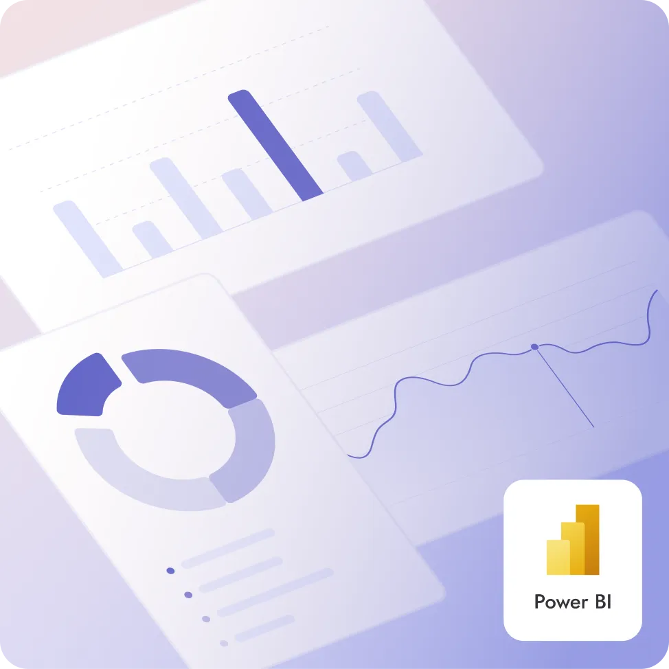 Power BI logo in front of various different charts showing Teamflect's Power BI integration.